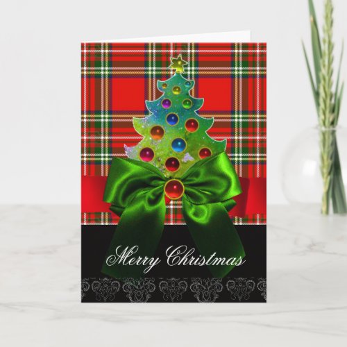 SCOTTISH TARTAN RED GREEN BOWS AND CHRISTMAS TREE HOLIDAY CARD