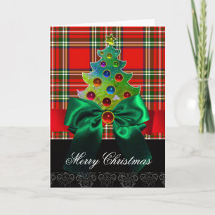 SCOTTISH TARTAN ,RED GREEN BOWS AND CHRISTMAS TREE HOLIDAY CARD