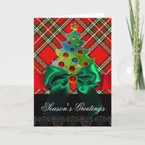 SCOTTISH TARTAN RED GREEN BOWS AND CHRISTMAS TREE HOLIDAY CARD