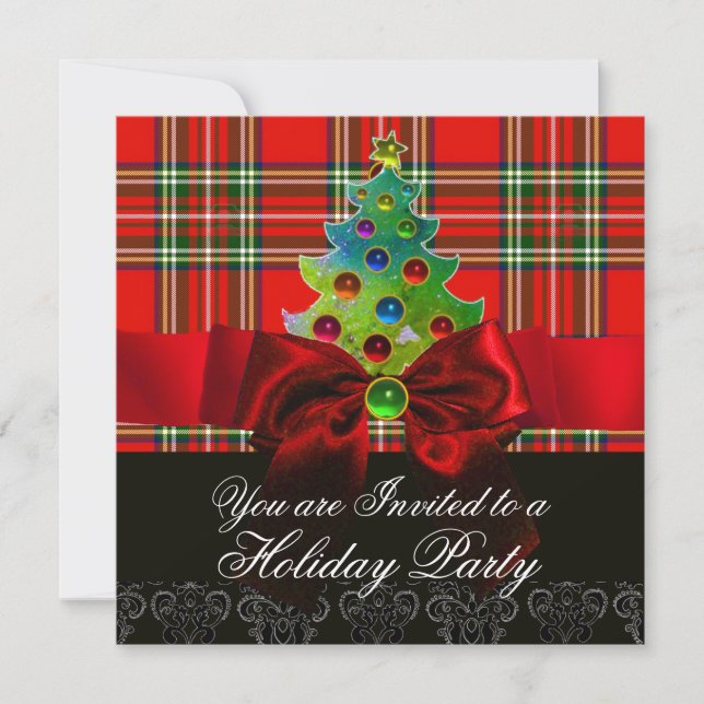 SCOTTISH TARTAN ,RED GREEN BOWS AND CHRISTMAS TREE INVITATION (Front)