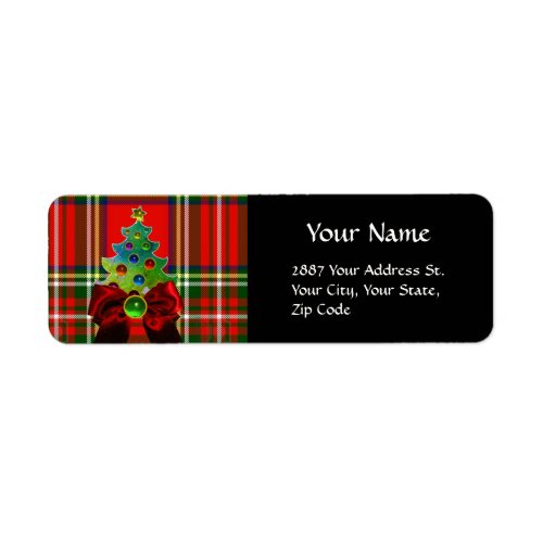 SCOTTISH TARTAN RED GREEN BOWS AND CHRISTMAS TREE LABEL