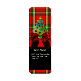 SCOTTISH TARTAN ,RED GREEN BOWS AND CHRISTMAS TREE LABEL