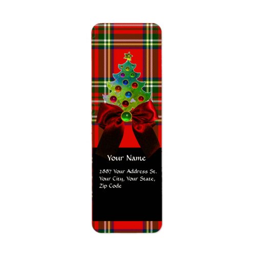 SCOTTISH TARTAN RED GREEN BOWS AND CHRISTMAS TREE LABEL