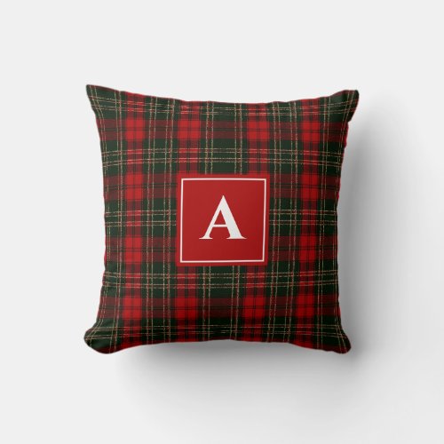 Scottish Tartan Red  Green Monogram Initial Throw Pillow