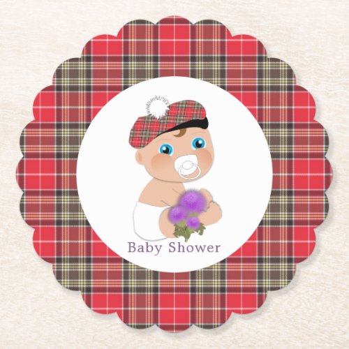 Scottish Tartan Thistle Baby Shower Personalized Paper Coaster