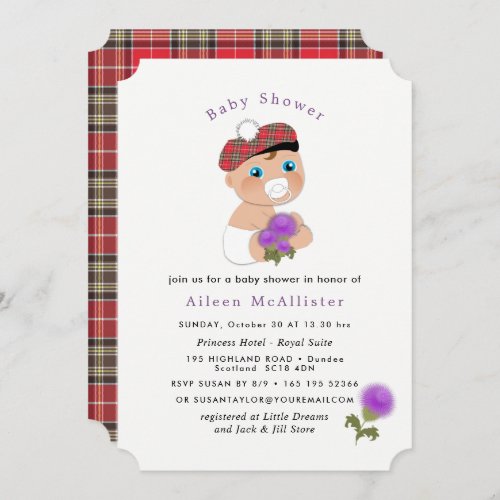 Scottish Tartan Thistle Flower Cute Baby Shower Invitation
