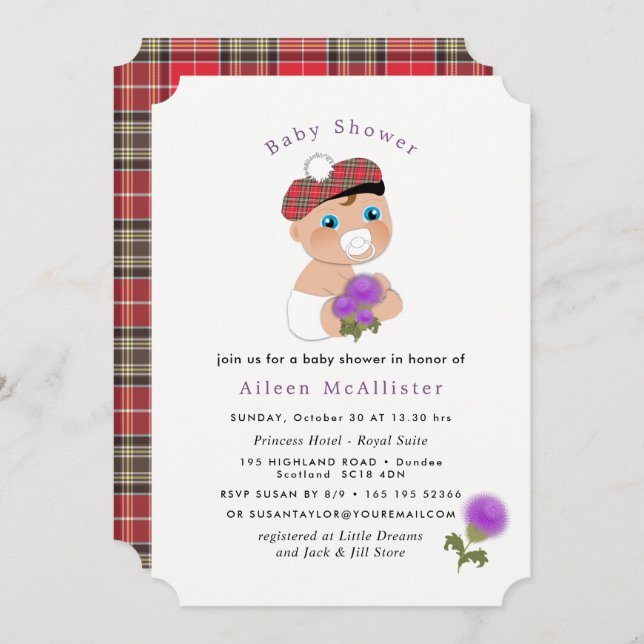 Scottish Tartan |Thistle Flower Cute Baby Shower Invitation (Front/Back)