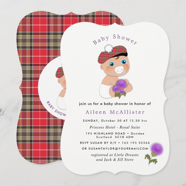 Scottish Tartan |Thistle Flower Cute Baby Shower Invitation (Front/Back)