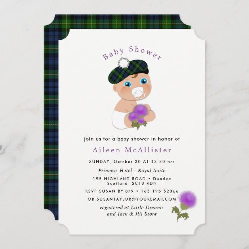 Scottish Tartan Thistle Flower Cute Baby Shower Invitation