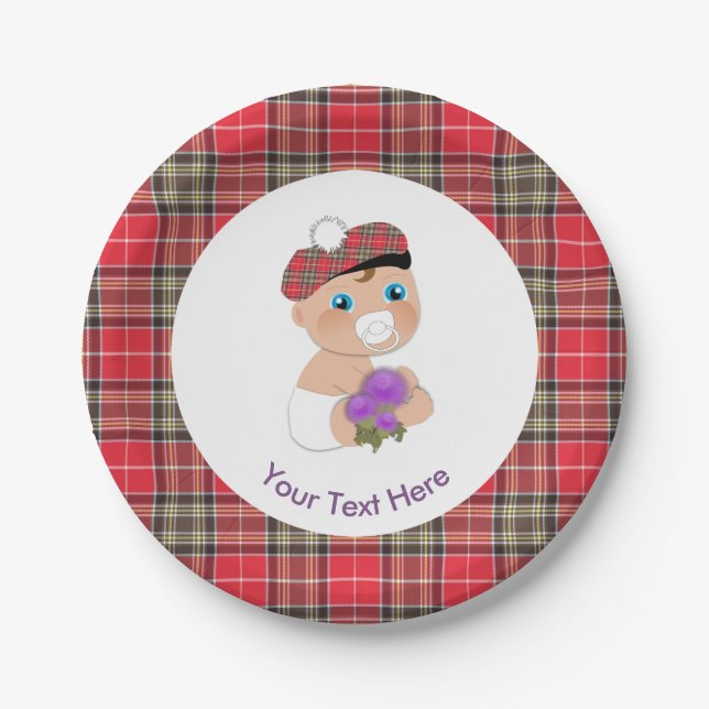 Scottish Tartan |Thistle Flower Cute Baby Shower Paper Plates (Front)
