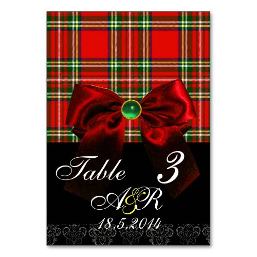 SCOTTISH TARTAN WITH RED BOW MONOGRAM TABLE NUMBER