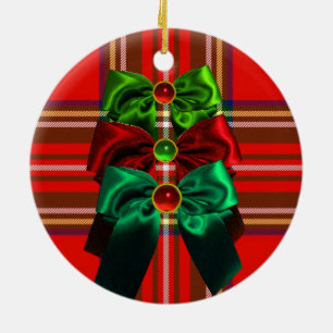 SCOTTISH TARTAN WITH RED GREEN CHRISTMAS BOWS CERAMIC ORNAMENT