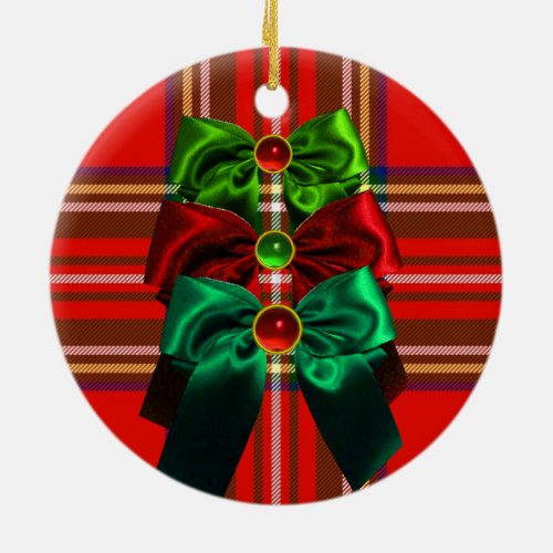 SCOTTISH TARTAN WITH RED GREEN CHRISTMAS BOWS CERAMIC ORNAMENT