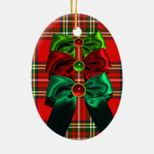 SCOTTISH TARTAN WITH RED GREEN CHRISTMAS BOWS CERAMIC ORNAMENT