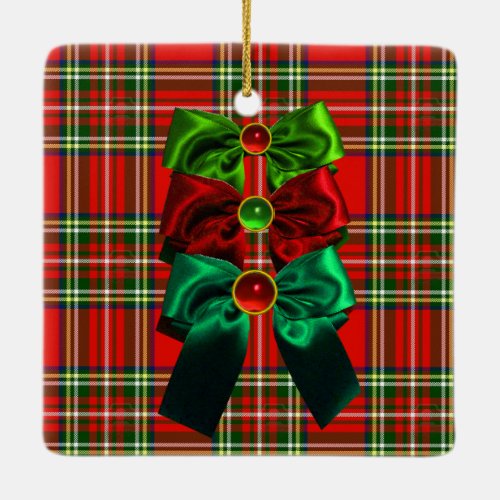 SCOTTISH TARTAN WITH RED GREEN CHRISTMAS BOWS CERAMIC ORNAMENT