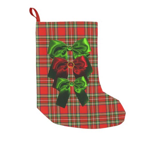 SCOTTISH TARTAN WITH RED GREEN CHRISTMAS BOWS SMALL CHRISTMAS STOCKING