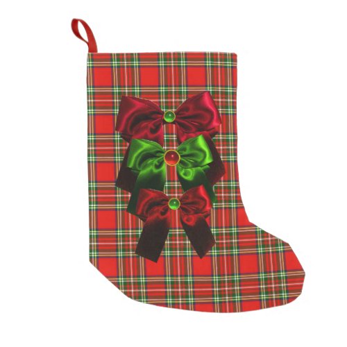 SCOTTISH TARTAN WITH RED GREEN CHRISTMAS BOWS SMALL CHRISTMAS STOCKING