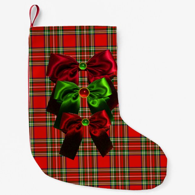 SCOTTISH TARTAN WITH RED GREEN CHRISTMAS BOWS SMALL CHRISTMAS STOCKING (Front)
