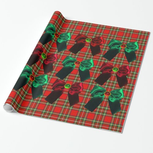 SCOTTISH TARTAN WITH RED GREEN CHRISTMAS BOWS WRAPPING PAPER