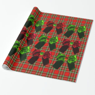 SCOTTISH TARTAN WITH RED GREEN CHRISTMAS BOWS WRAPPING PAPER