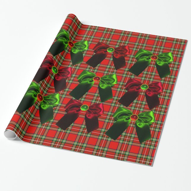 SCOTTISH TARTAN WITH RED GREEN CHRISTMAS BOWS WRAPPING PAPER (Unrolled)