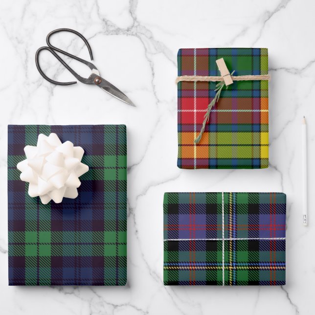 Scottish Tartans Black Watch, Malcolm, Buchanan Wrapping Paper Sheets (Front)