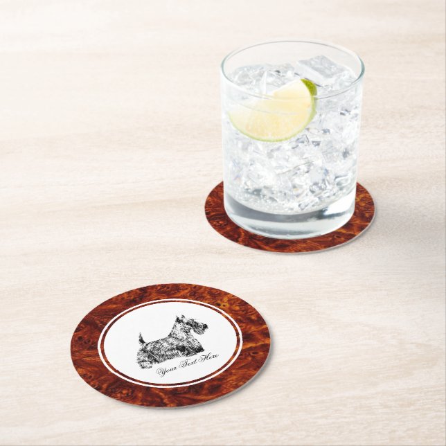 Scottish Terrier and Burl Pattern Personalize Round Paper Coaster (Insitu)
