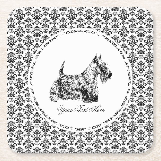Scottish Terrier and Floral Personalize Square Paper Coaster (Front)