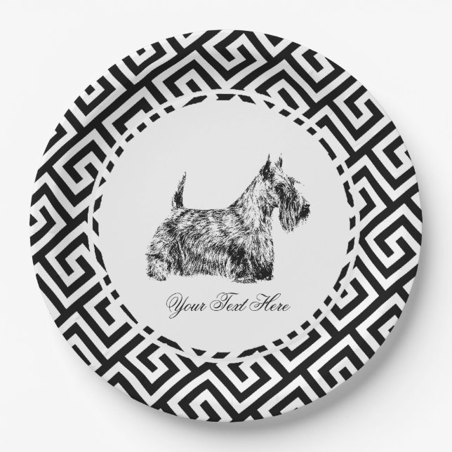 Scottish Terrier and Greek Key Personalize Paper Plates (Front)