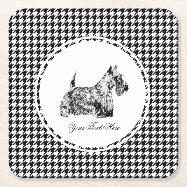 Scottish Terrier and Houndstooth Personalize Square Paper Coaster (Front)