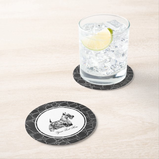 Scottish Terrier and Leather Pattern Personalize Round Paper Coaster (Insitu)