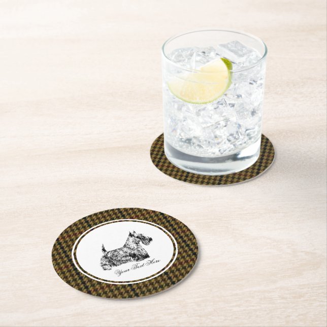 Scottish Terrier and Tweed Pattern Personalize Round Paper Coaster (Insitu)