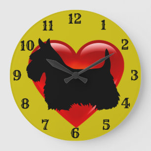 Scottish Terrier black silhouette red heart/gold Large Clock
