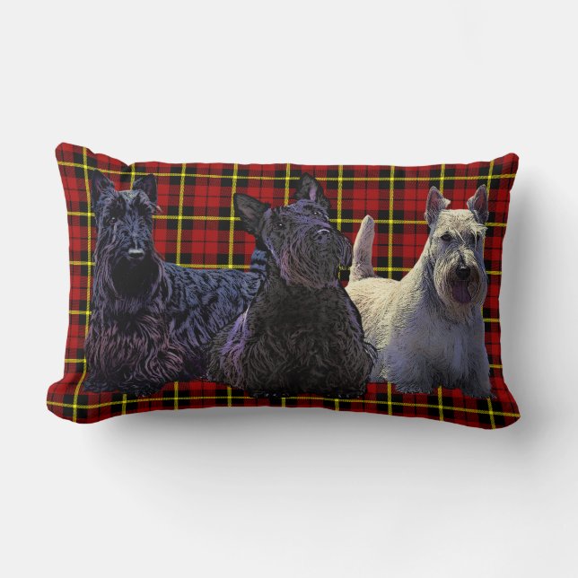 Scottish Terrier black/wheaten, deep red plaid Lumbar Pillow (Front)