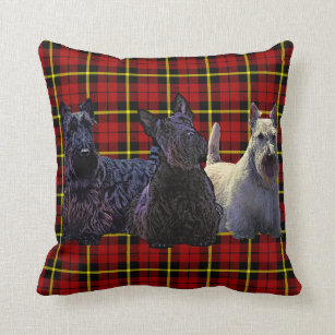 Scottish Terrier black/wheaten, deep red plaid Throw Pillow