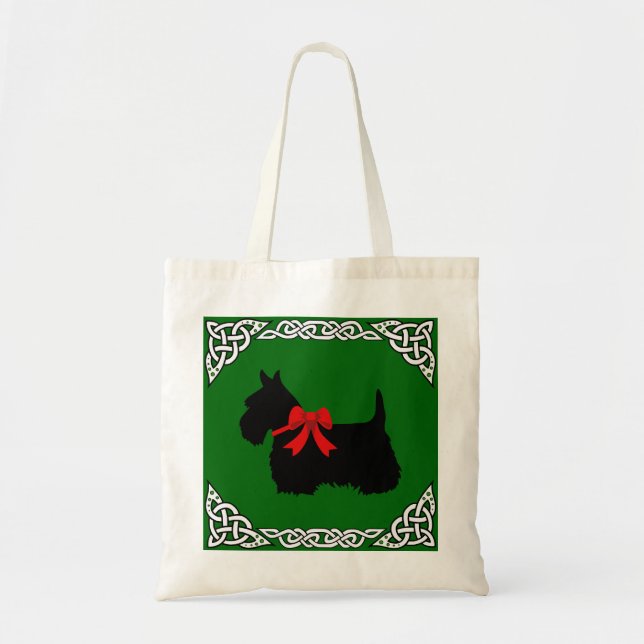 Scottish Terrier black, white cletic braid, bow Tote Bag (Front)