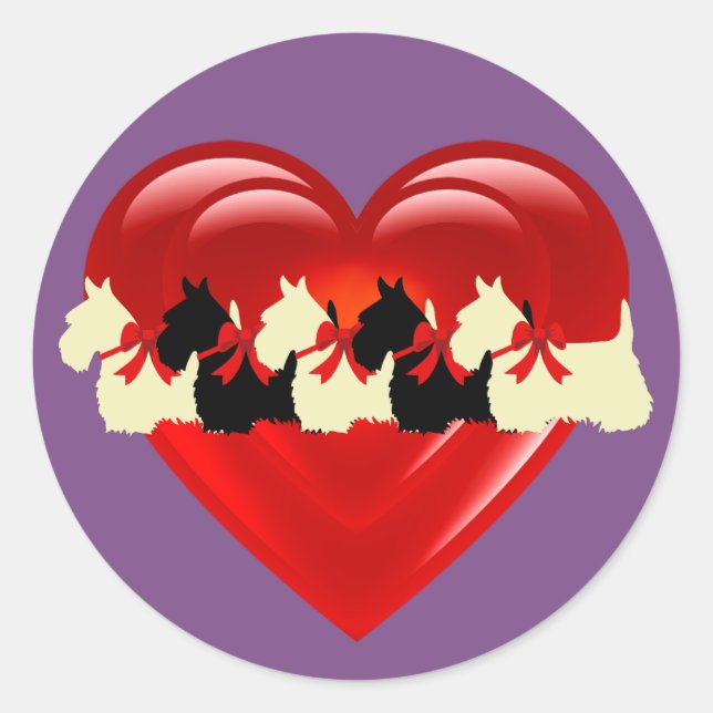 Scottish Terrier black/white double heart/bow Classic Round Sticker (Front)