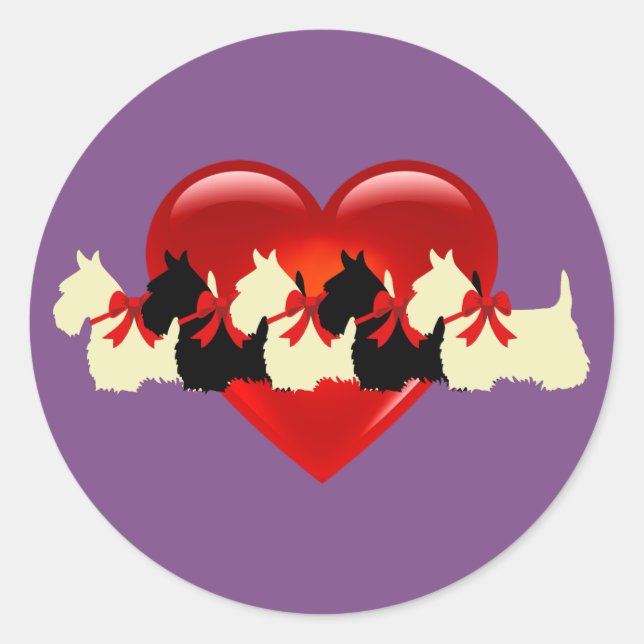 Scottish Terrier black/white silhouette heart /bow Classic Round Sticker (Front)