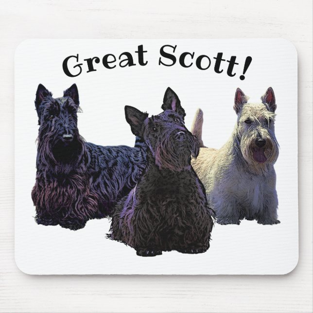 Scottish Terrier black/white trio, Great Scott! Mouse Pad (Front)