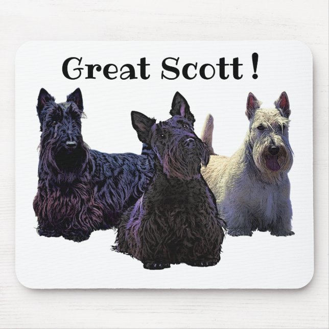 Scottish Terrier black/white trio, Great Scott! Mouse Pad (Front)