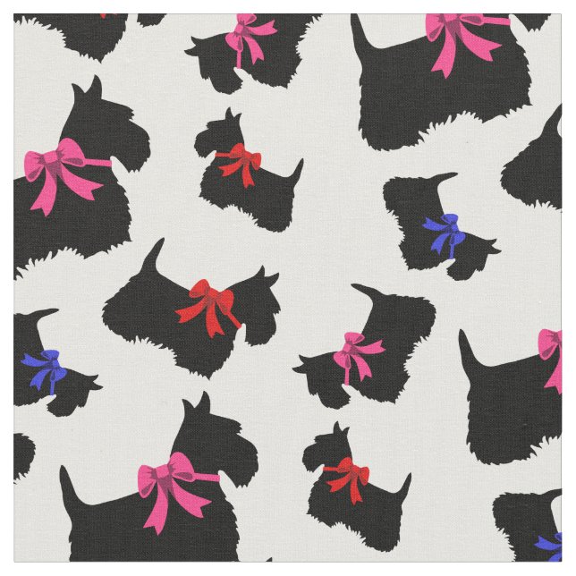 Scottish Terrier blk silhouette, red/pink/blue bow Fabric (Close Up)