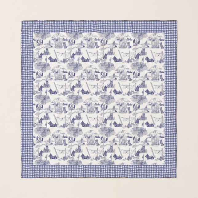 SCOTTISH Terrier Blue Toile & Gingham Scarf (Front)