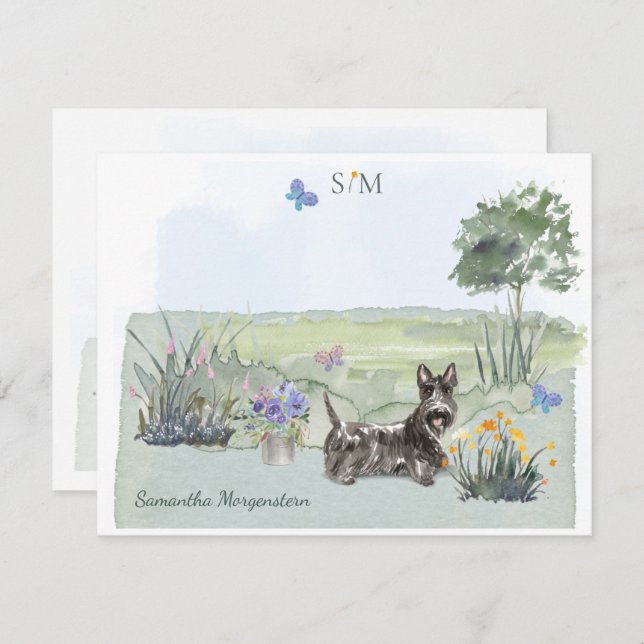 Scottish Terrier Butterfly  Monogram & Name     Note Card (Front/Back)
