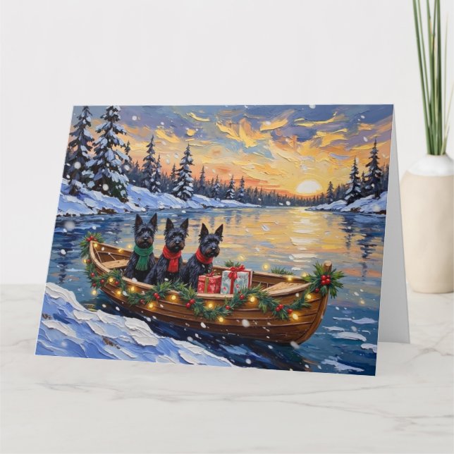 Scottish Terrier Christmas Boat Holiday Card (Front)