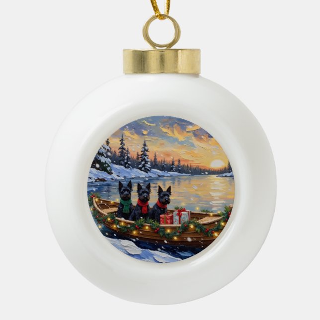 Scottish Terrier Christmas Boat Holiday Ceramic Ball Christmas Ornament (Front)