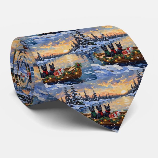 Scottish Terrier Christmas Boat Holiday Neck Tie (Rolled)