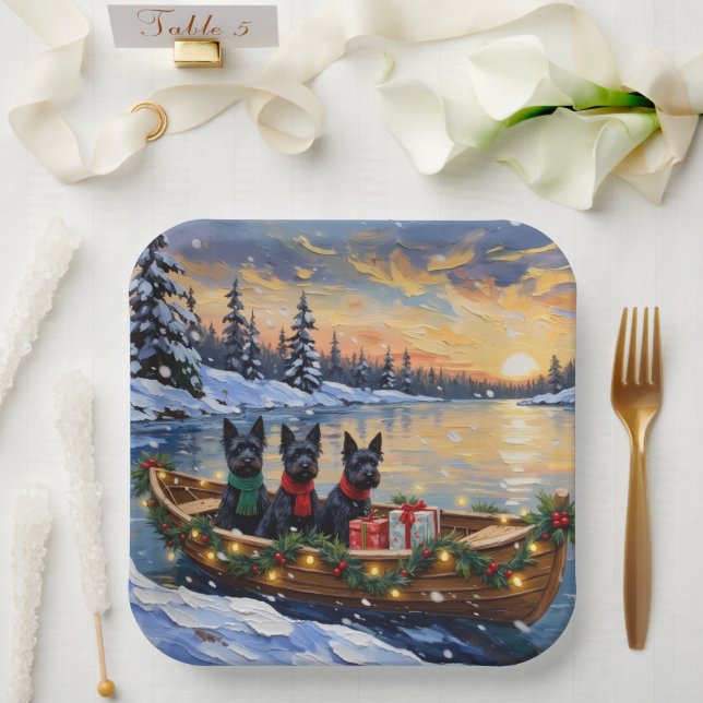 Scottish Terrier Christmas Boat Holiday Paper Plates (Wedding)