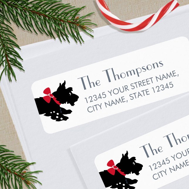 Scottish Terrier Christmas Red Bow White Return Label (Creator Uploaded)