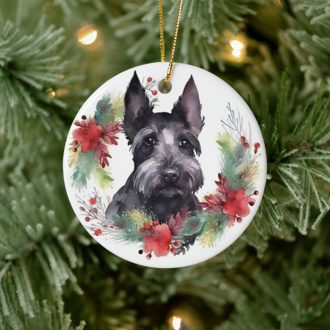 Scottish Terrier Christmas Wreath Festive Pup  Ceramic Ornament (Tree)