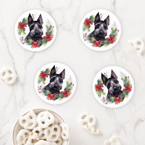 Scottish Terrier Christmas Wreath Festive Pup  Coaster Set